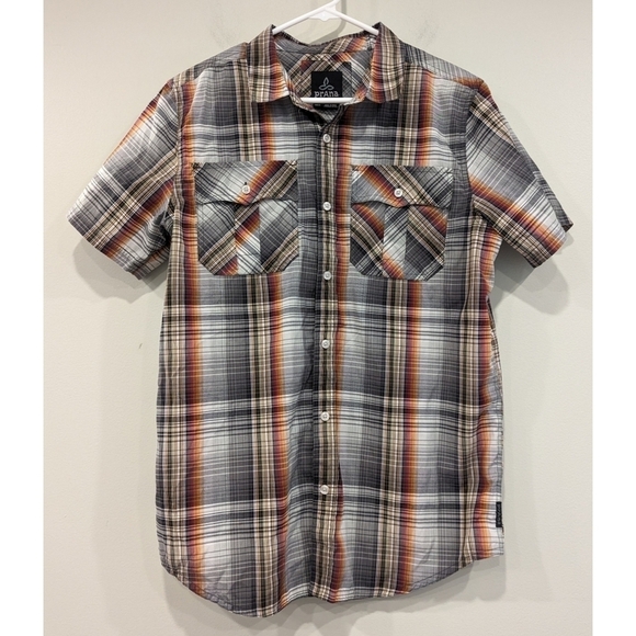 Prana Plaid Short Sleeve Organic Cotton Button Down Shirt Size Medium - Picture 1 of 6